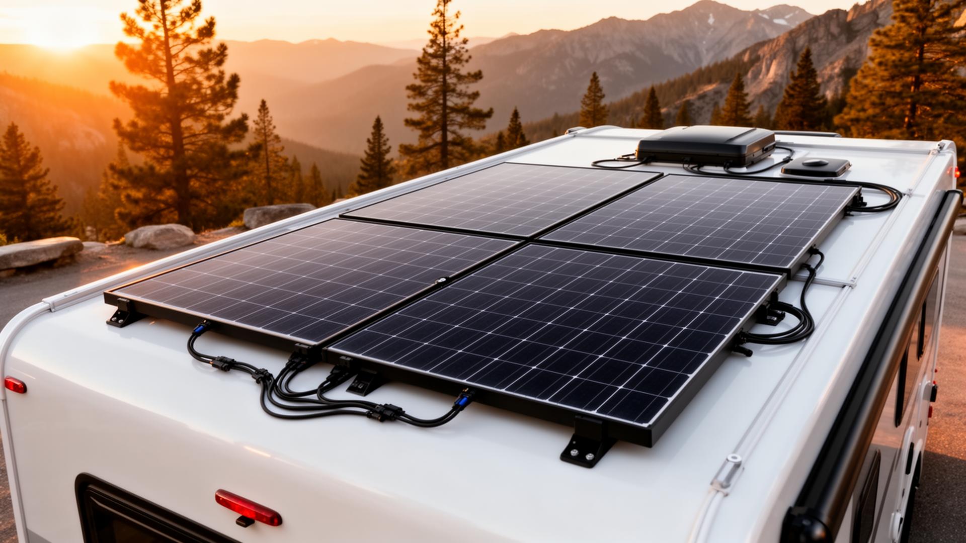 Rooftop view of a Class C RV with a 2×2 array of rigid monocrystalline solar panels and MC4 cabling, parked at a mountain overlook at sunset.