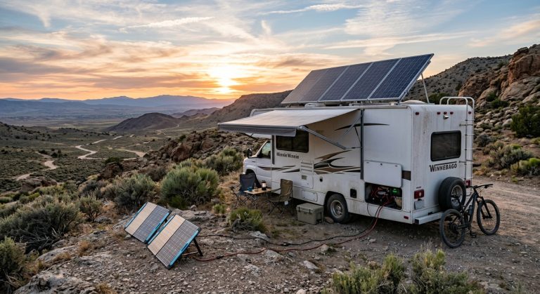 RV parked in nature boondocking off grid with solar panels on roof