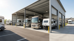 Outdoor, covered, and indoor RV storage options shown with motorhomes and travel trailers