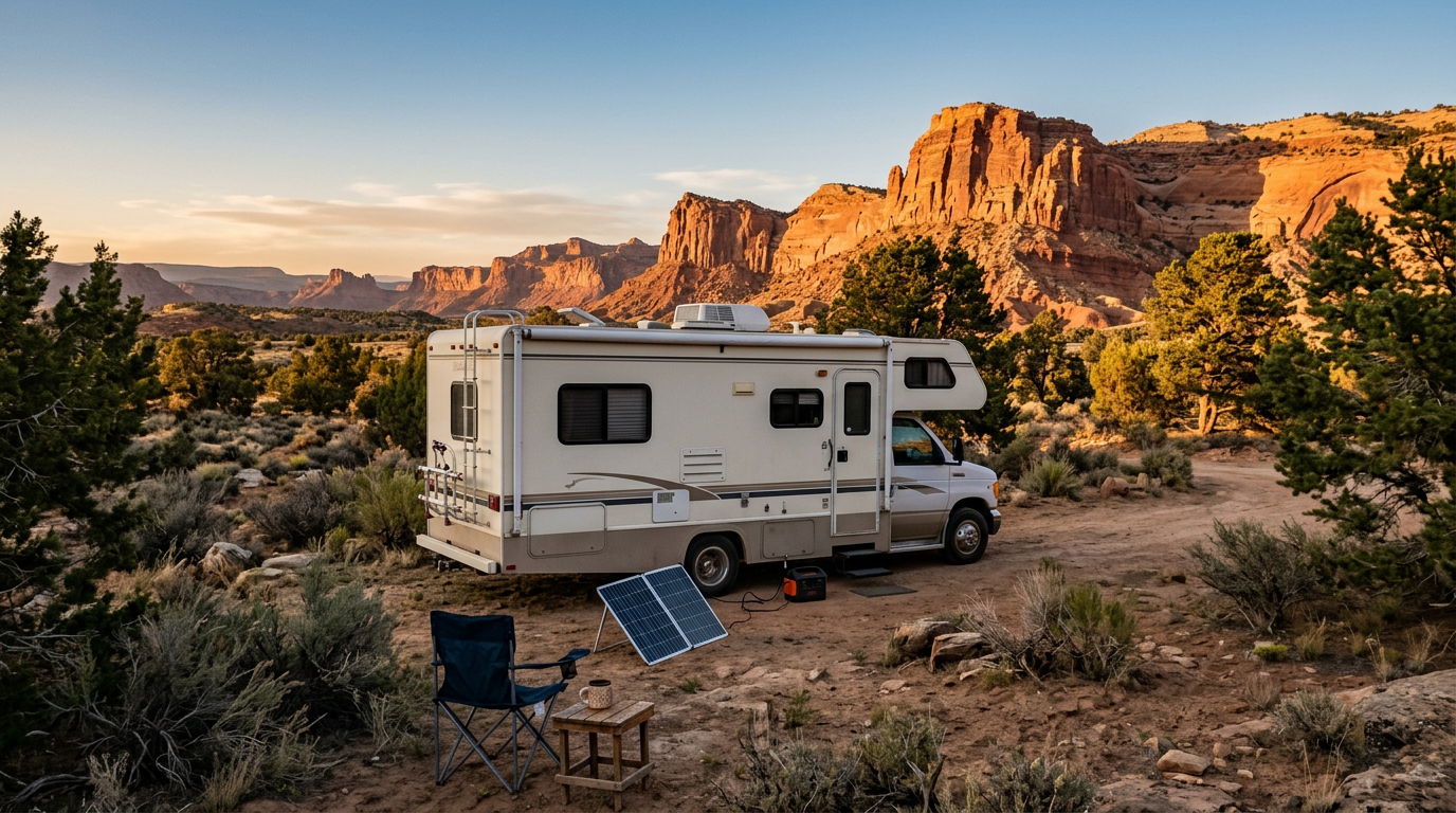 RV boondocking gear setup with solar panels