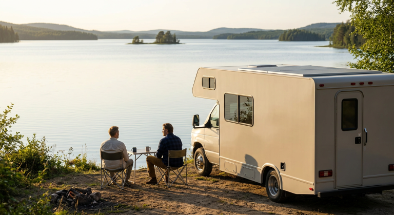 Renogy RV solar panel setup on a parked motorhome