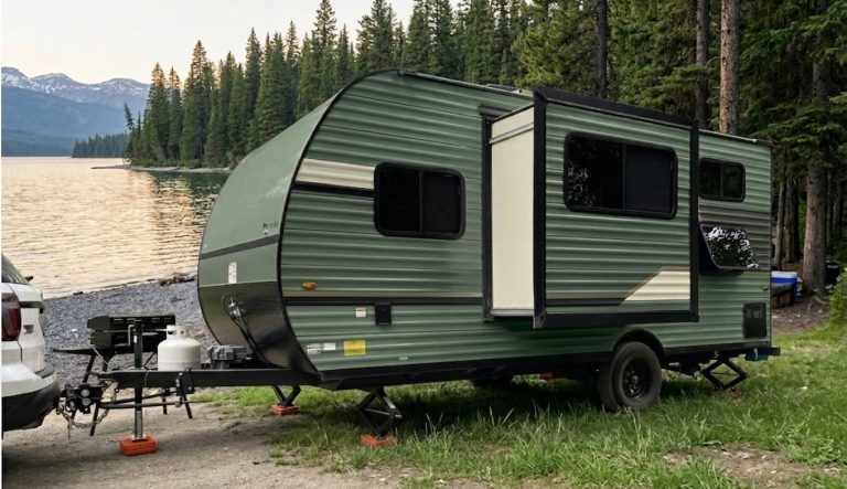 RV with slide-out extended parked beside a mountain lake