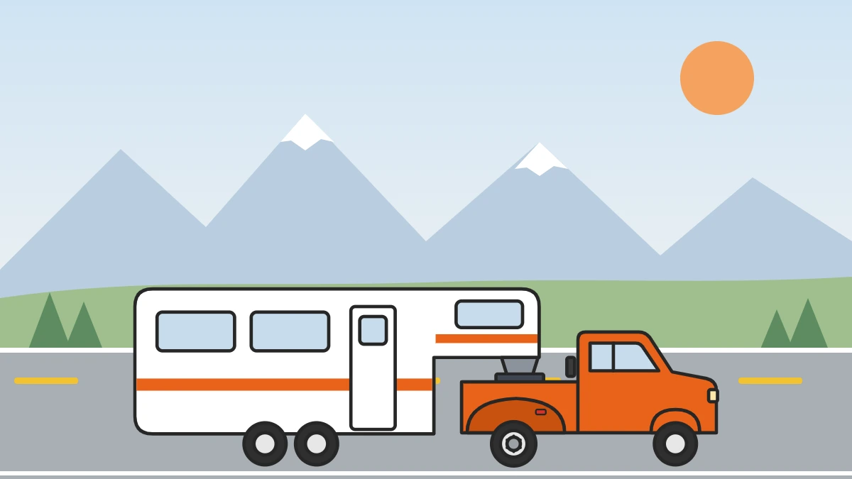 Illustration of a dually pickup truck with wide rear fenders towing a fifth wheel trailer in the right-hand lane of a mountain road