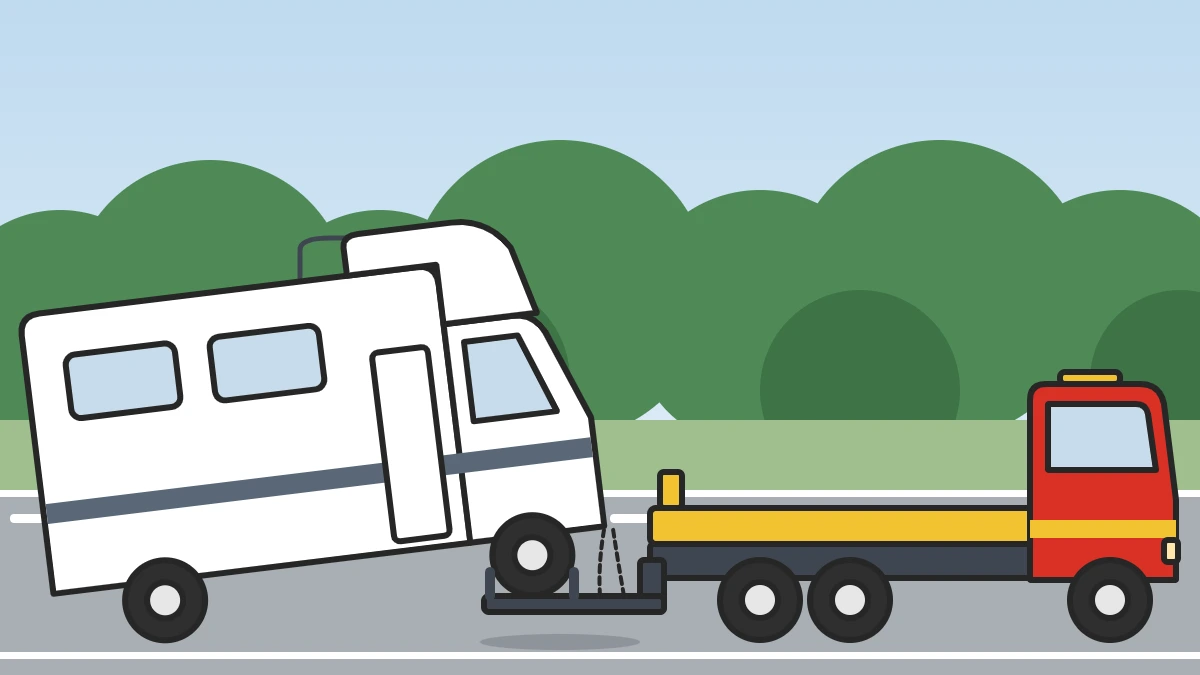 Illustration of a tow truck towing a motorhome on a tree-lined road, with the motorhome front wheels lifted off the road on the wheel-lift and safety chains attached