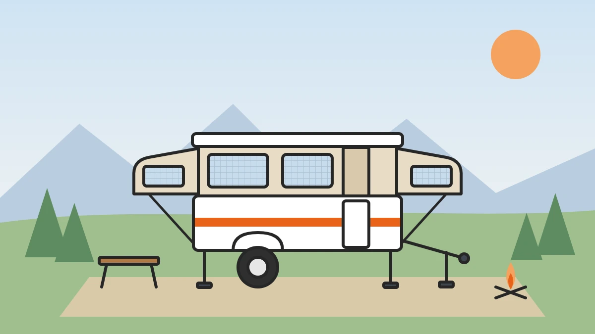 Illustration of an open pop-up camper with canvas sides, pull-out bunk ends on support bars and corner jacks lowered at a campsite