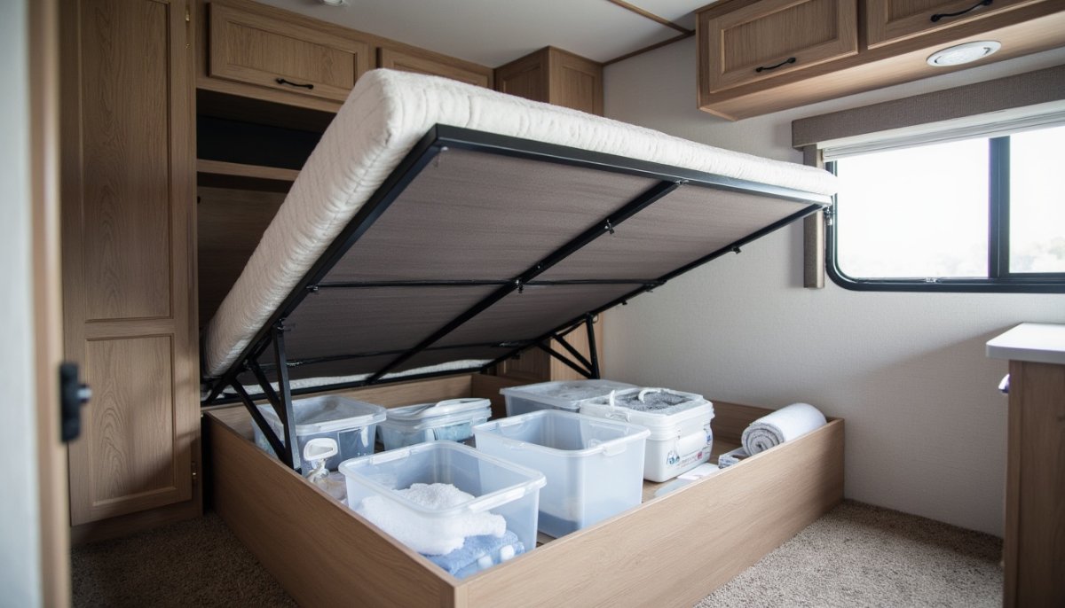 RV storage ideas: lift-up RV bed held open by gas struts with clear storage bins organized underneath