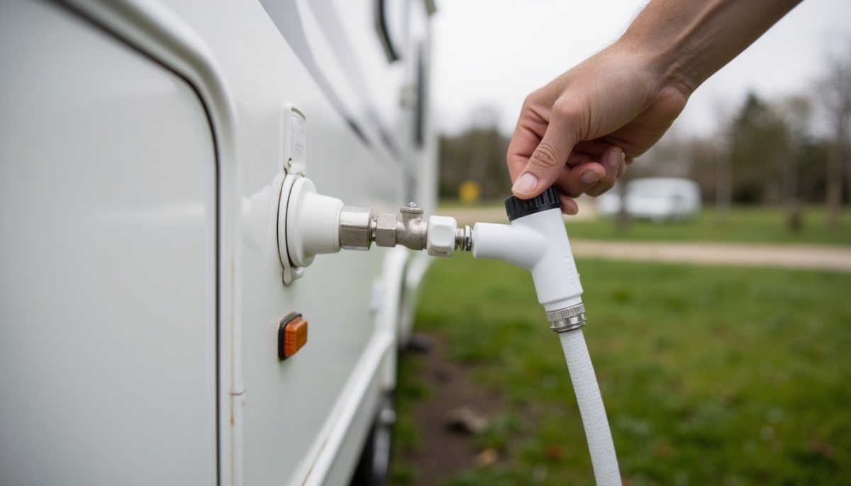 White drinking-water hose connected to the city water inlet on the side of an RV