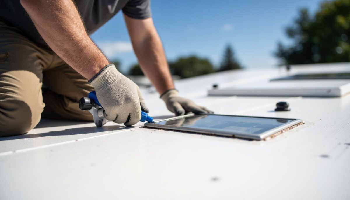 Gloved hands removing old sealant from around a skylight on a white RV roof before resealing