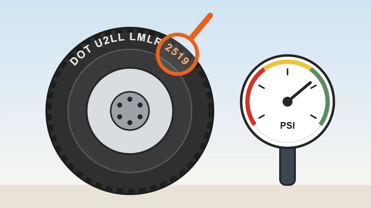 Illustration of an RV tire with a magnifying glass on the DOT date code 2519 next to a tire pressure gauge