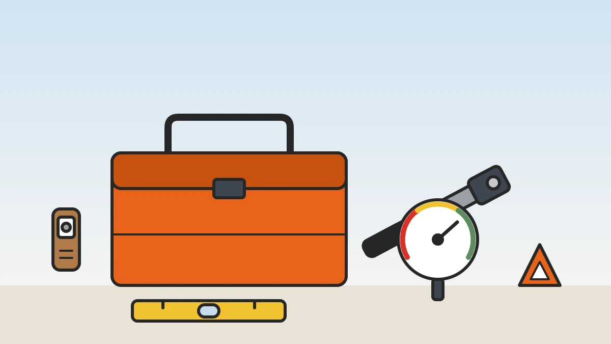 Illustration of an RV toolbox with a torque wrench, tire pressure gauge, level and warning triangle