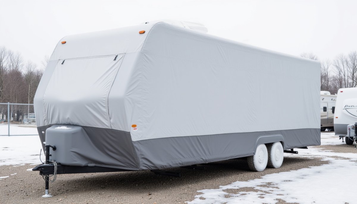 Travel trailer fully covered with a fitted breathable RV cover and tire covers in a snowy storage lot