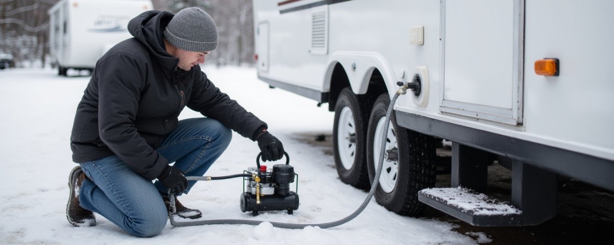 Person winterizing a travel trailer by blowing out the water lines with a portable air compressor connected to the city water inlet