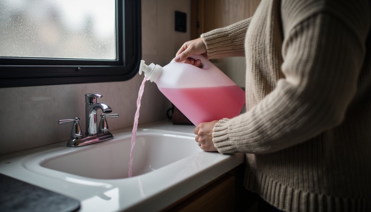 Person pouring pink non-toxic RV antifreeze into a sink drain to winterize the RV